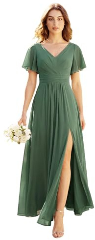 Ever-Pretty Women's Bridesmaid Dress Floor Length Chiffon V-Neck with Natural Waist and Short Sleeves Eucalyptus Green 12UK