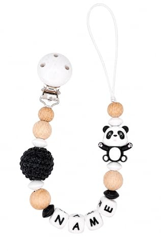 Individuell gestaltetes Babygeschenk personalisiertes Schnullerkette mit Namen für Mädchen oder Junge Baby Geschenk personalisiert zur Geburt & Taufe (Panda schwarz)