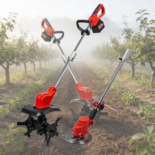 Tagliaerba e coltivatore a batteria a doppia batteria, motozappa coltivatore a batteria 2 in 1 con 300 giri/min, impugnatura ergonomica for orto, montagna, frutteto.