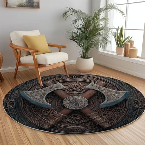 Viking Axe Round Rug 3 ft Washable Circle Rug, Celtic Non Slip Low Pile Brown Circular Carpet Mat for Bedroom Bathroom Entryway Kids Room Office College Dorm