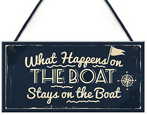 Red Ocean What Happens In The Boat Nautical Decor Theme Shabby Chic Hanging Beach Seaside Sea Sign Plaque