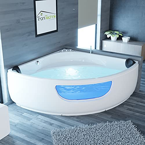 Tronitechnik® Eckbadewanne mit Whirlpool 150x150cm mit Sitz Acrylwanne für Zwei Personen, Eck-Badewanne mit Armatur, freistehend und vormontiert Indoor Whirlpoolbadewanne mit LED