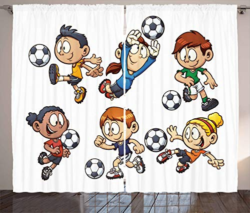 ABAKUHAUS Fußball Rustikaler Gardine, Cartoon Kinder Spielen, Schlafzimmer Kräuselband Vorhang mit Schlaufen und Haken, 280 x 225 cm, Mehrfarbig