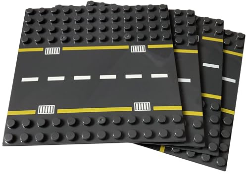 Apostrophe Games Building Block Road Base Plates for Large Bricks - 4Pcs Straight and Curved Road Construction Blocks – 7.5 x 7.5 Inch Street Baseplates, STEM Learning