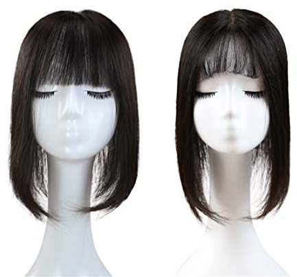 Topper per capelli umani a base di seta grande, 14 x 15 cm, con frangia, 35,6 cm, attaccatura dei capelli naturale per diradamento dei capelli, nero naturale