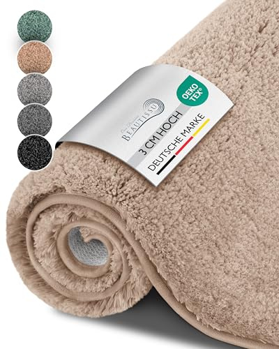 Beautissu BeauMare FL Alfombrilla Baño Antideslizante y Absorbente 60x50 cm – Alfombra Óptica Shaggy Adecuada para Suelo Radiante – Alfombrilla de Baño Natural Mullida para Ducha, Bañera e Inodoro