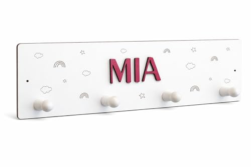 Kindergarderobe aus Holz personalisiert mit Namen – Garderobenleiste Kinderzimmer – Wandgarderobe mit 4 Haken – Geburtsgeschenk Taufgeschenk - für Jungen und Mädchen – Lasergravur & Holzbuchstaben