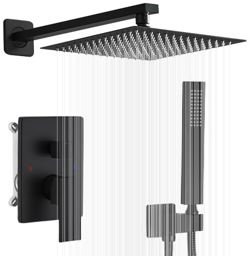 JingGang Matte Black Shower System 12 Inch Bathroom Luxury Rain Mixer Shower Combo Set Wall Mounted Rainfall Shower Head and Handheld System Shower Faucet Set Rough-in Valve Body and Trim Kit