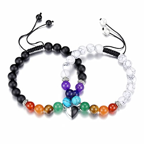 GEHECRST 1 Paare 7 Chakra Armband Paar Armbänder Partnerarmbänder mit Magnet Herz Anhänger Yoga Armband Healing Reiki Energietherapie Glückbringen Edelstein Freund Freundin Valentinstag
