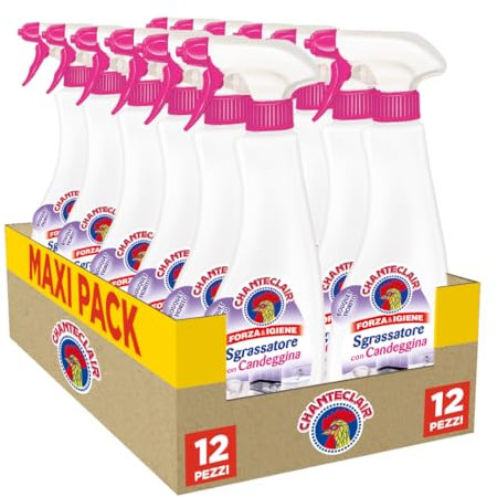 Chanteclair - Sgrassatore con Candeggina, Bouquet Fiorito, Ideale per Smacchiare, igienizzare e Deodorare, Linea Forza&Igiene- 12 Flaconi da 625 ml