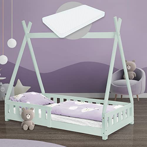 ML-Design Cama Infantil Tipi Verde Menta con Colchón De Espuma Fría 80x160 cm Protección Anticaída Somier Estructura Listones De Madera Maciza De Pino para Niñas Y Niños Forma De Tienda Cuna Juvenil