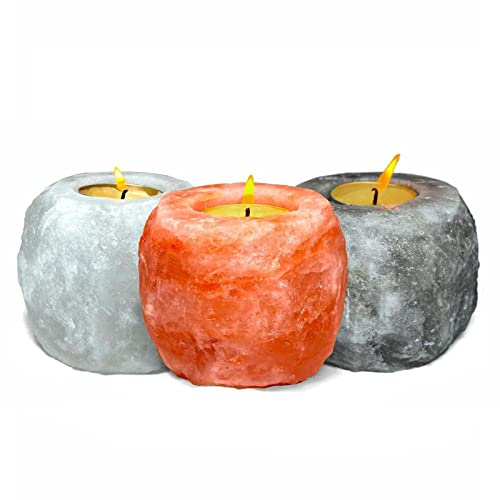 Kristallsalt, värmeljushållare trio XL i rosa, halit och grå i naturlig form ~ 7 cm, 650 g, tillverkad av saltsten (känd som Himalaysalt från Salt Range Punjab Pakistan)