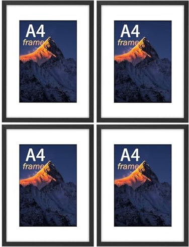 wyewye Bilderrahmen A4, 21x29,7 cm, Mit Bruchsicherem Plastikglasscheibe, Für A4 Druck und 6x8 Foto (Schwarz), Viererpack (4er-Set)