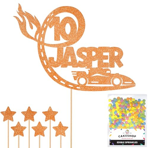 Personalised F1 Motor Racing Car Glitter Cake Topper - Copper Orange Custom Age & Name Glitter Cake Decoration and Sprinkles - Happy Birthday Decorations - Personalised Toppers for Cakes by Cakeshop
