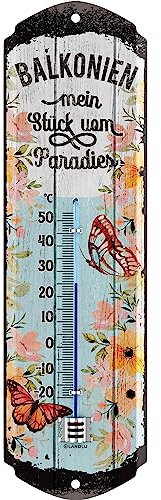 LANOLU Retro Blechschild BALKONIEN THERMOMETER LIEBLINGSPLATZ Schild Garten außen - Balkon Deko Garten Vintage Schilder aus Metall Wanddeko 8x28cm
