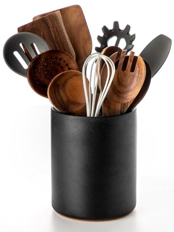 Nucookery Utensil Holder, 6.4 Ceramic Kitchen Utensil Holder with Countertop-Protection Cork Bottom, Farmhouse Kitchen Decor for Counter, Christmas Gift (Stone Black)