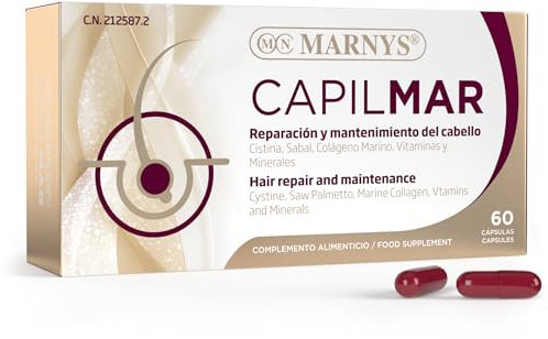 Capilmar MARNYS - Reparación y Crecimiento del Cabello - Anticaída - Protección Capilar - Con Cistina, vitaminas del grupo B, sabal y colágeno marino - 60 Cápsulas