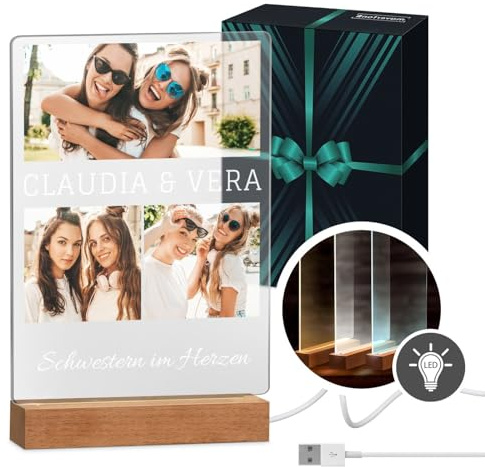 Maverton beleuchteter LED-Rahmen mit eigenem Foto - personalisiertes Acrylglasbild mit Holzständer mit LED-Beleuchtung - Glasfoto für Frauen zum Geburtstag - Größe: 21x32x4,5cm - Schwestern