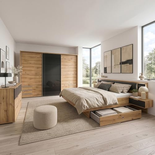 Lomadox Schlafzimmer-Set mit 180x200 cm Doppelbett & 273 cm Schwebetürenschrank, 5-teilig, mit Glasschwebetür, Kopfteilpolster & beleuchteten Glaspaneelen