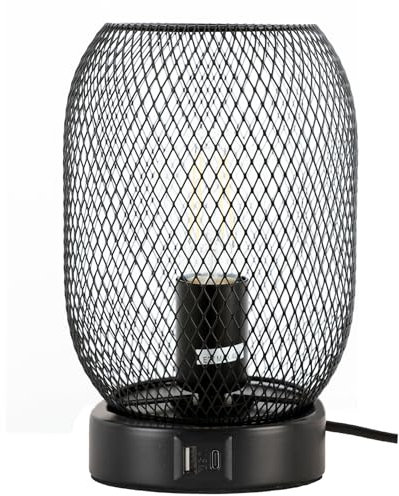yeerockal Vintage Käfigschirm Tischlampe| Metall Mesh Schwarz Nachttischlampe|Touch Dimmbar | 2 USB Aufladestation |6W Warmweiss LED Tischleuchte | Fassung E27 und EU Schalter (Style B)