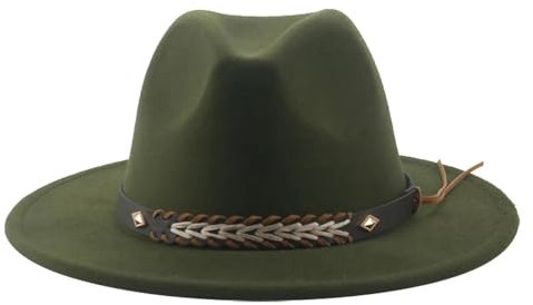 SOYNIA Fedora Trilby Filzhut Hut Cowboyhut Für Damen Und Herren Fedoras Gefilzter Panamahut Western-Vintage-Solid-Fedoras 52–54 cm (Kinder) Armeegrün