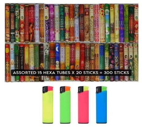 DISPAU Kit HEM - Selección de Incienso, 15 Cajas – 300 Varillas Incluye 4 Mechero BI Color Rubber Touch de Regalo
