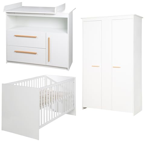 roba Zimmer Set Lilo für Kinder - Mitwachsendes Gitterbett 70 x 140 cm + Wickelkommode mit 2 Schubladen und 1 Tür + Kinderkleiderschrank - Griffe aus Buche - Holz weiß lackiert