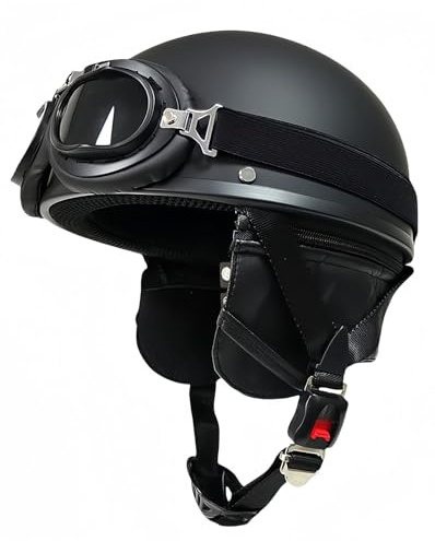 Retro motorcykelhjälm, moped-hjälm med skyddsglasögon, motorcykel, helikopter, vuxen, street-cruiserhjälm, retro jet-hjälm, ECE/DOT-godkänd D, L59–60 cm