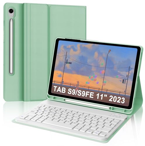 SENGBIRCH Teclado para Samsung Galaxy Tab S10 FE 10.9, Funda Teclado Galaxy Tab S10FE 2025, España Ñ Bluetooth Desmontable Keyboard para Samsung Tablet S10FE/S9FE 10.9 Pulgadas, Verde Claro
