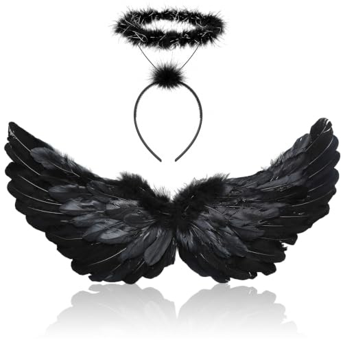 YeahBoom 60CM Engelsflügel Schwarz,Engel Flügel mit Heiligenschein | Federflügel Engel,Engels Flügel Kostüm für Damen,Engel Flügel für Party Fasching Kostüme Deko,Kostümparty Verkleidung
