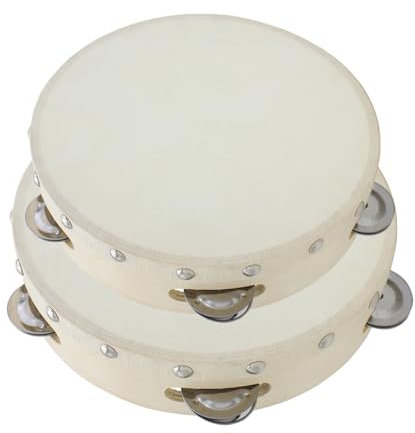 Sporgo 2 Stück Handtrommel Holz: Tambourin Handheld Tamburin, Tambourin mit Metall Klingeln, Handtrommel Percussion für Spiel, Tanz, Partybegleitung (6 Zoll 8 Zoll)