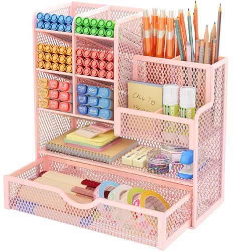 VITVITI Sturdy Mesh Desk Organiser for Office Accessories, Desk Organiser for Stationery Supplies, Make Up Brush, Art storage, 5 Tier Metal Stackable Storage drawers - Pink