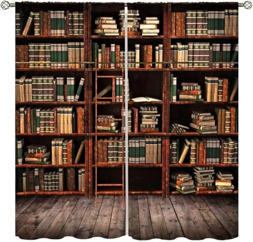 Vorhang Blickdicht Gardinen Mit Ösen - 2 Stücke 170X200 cm (B + H) Verdunklungsvorhänge 3D Bücher Bücherregal Muster Thermovorhang Für Kinderzimmer Wohnzimmer Schlafzimmer Weihnachtsgardine-828692799
