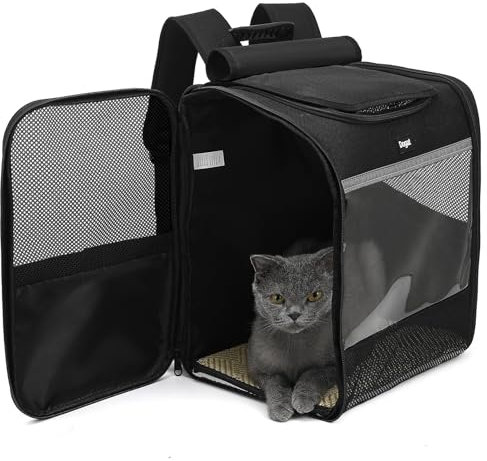 Dogat Katzenrucksack Faltbar, Katzen Rucksack mit Front Opening-Mesh Fenstertaschen, Katzen Transport Rucksack mit Innerer Sicherheitsleine für Katzen Hunde bis 8kg Wandern, Walken (Schwarz)
