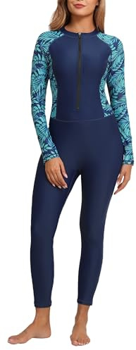 ALLTOKE Damen Ganzkörper-Rashguard mit integriertem BH, langärmelig, einteiliger Badeanzug mit Reißverschluss vorne, LSF 50+, Marineblau/grüne Blätter, Medium