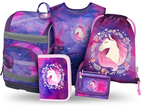 Baagl Schulranzen Jungen Mädchen Set 5 Teilig (Zippy Schultasche für 1. Klasse, Mäppchen, Turnbeutel, Schürze, Brustbeutel), Grundschule Ranzen, Ergonomischer Schulrucksack, 21 l