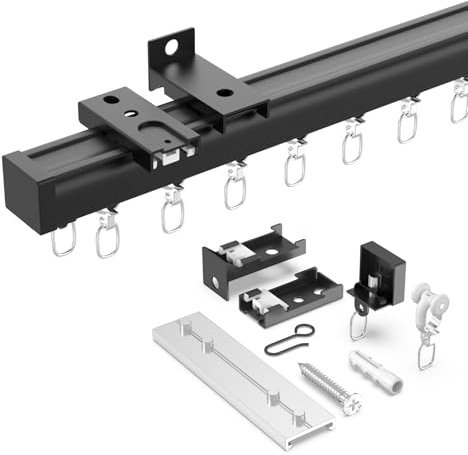 YLNANMI Aluminium Gardinenschiene, 2.4M Schwarz, Wand/Decke Glatt Gleitend | Robustes Raumteiler System, 6x40cm zusammengesetzt, Leise Gleitend, Einfache Installation, Für Heimgebrauch.
