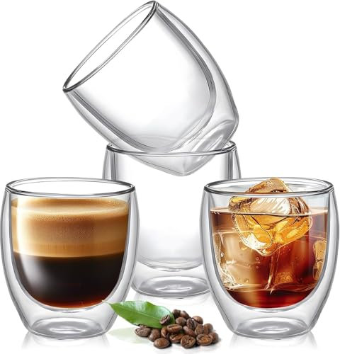 4 tazas de café de vidrio de borosilicato de doble pared, tazas transparentes aisladas para bebidas calientes y espresso, 150 ml (sin asa)
