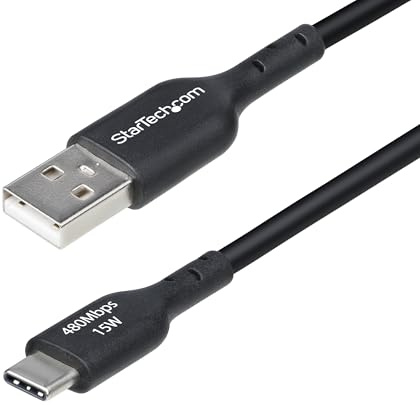 StarTech Cable de Carga USB-A a USB-C de 30cm, 3A, Negro (USB2AC30CMBK) | Conectores niquelados para mas de 10.000 ciclos, Cubierta TPE sin halogenos conforme a RoHS