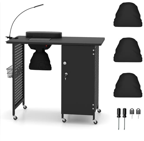 COSTWAY Manikyrbord med 6 hjul, nagelteknikskrivbord med dammpåsar och fläktar, 4 lådor, handledsstöd, trådkorg och låsbart skåp 90 x 45 x 78,5 cm