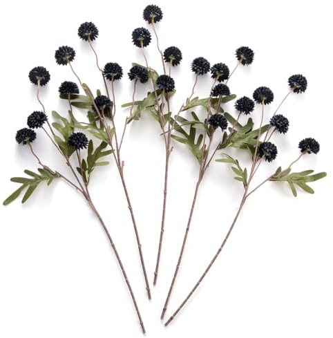 Laelfe Black Artificial Pompon Mum Flowers for Halloween, 5 Bundles