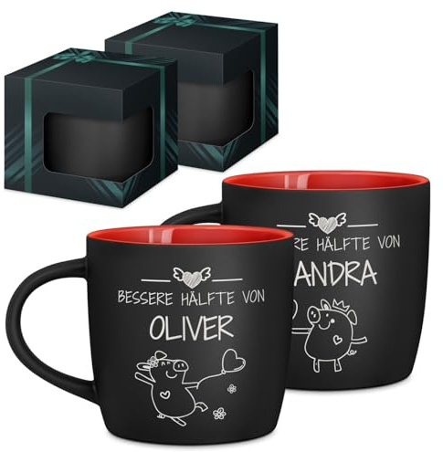 Maverton 2er Keramik Tassen Set mit Gravur, 400 ml, matt schwarz, Innen rot | Tasse personalisiert, Kaffeebecher Teetasse, Hochzeitsgeschenke für Brautpaar, personalisierte Geschenke