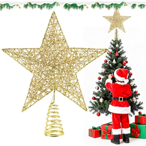 Koxtyzo Étoile de Sapin, Etoile Noel Sapin, Etoile Doree Sapin de Noel Pentagramme Decoration, Application de Poudre Scintillante en Surface, pour Arbres de Toutes Tailles (Doré)