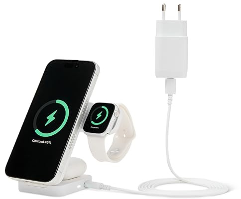 Amazon Basics,Stazione di ricarica wireless 3 in 1 con certificazione Qi2.2 da 25W supporto pieghevole compatibile MagSafe per iPhone 17/16/15/14/13/12,Apple Watch,AirPods,con adattatore da 45W,ianco