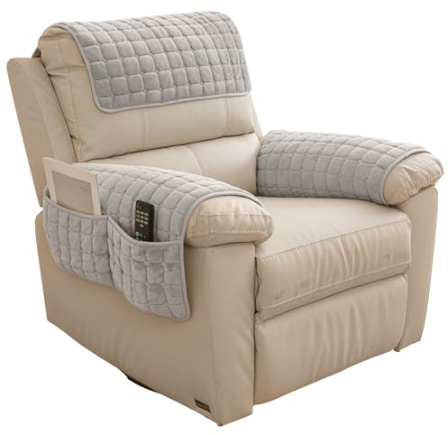 RAINPOP Sofa Armrest Cover with Side Pocket, Nonslip Armchair Cover for Arms Headrest, Sofa Slipcover Furniture Protector for Pets Leather Sofa Couch 1 Seat Recliner