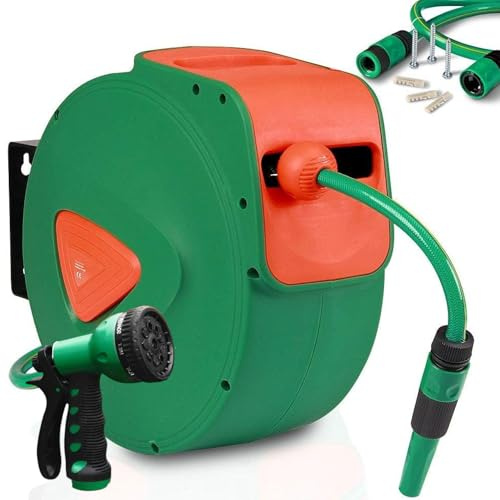 Avvolgitubo Automatico 20mt da Giardino Tubo Flessibile Fissaggio a Parete Girevole a 180° Riavvolgimento con Sistema di Blocco per irrigazione Giardino Esterno con Pistola Rompigetto 9 in 1