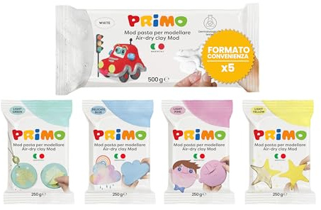 PRIMO - Pasta da Modellare Simil Argilla Dermatologicamente Testata 1x500g Bianco + 4x250g Pastel, Pasta Modellabile a Mani Inumidite, Giochi Bambini 3 Anni Asciuga all'Aria no Cottura, Inodore Vegana
