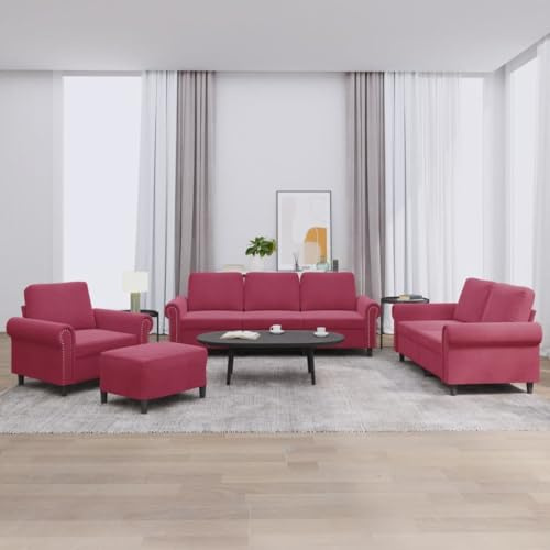 Yisssmeng 4-TLG. Sofagarnitur Weinrot Samt 212 cm Breit Modular Dreisitzer Zweisitzer & Sessel mit Hocker Robust & Bequem für Wohnzimmer Büro Leseecke