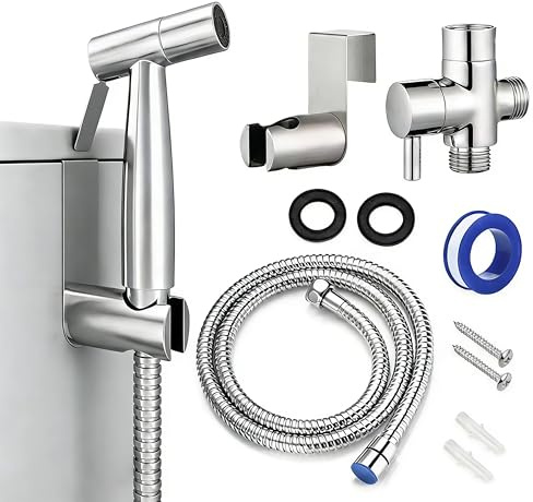 Set di doccetta per bidet per toilette – Set di doccetta per WC in acciaio inossidabile robusto con supporto, adattatore a T e tubo a molla per toilette, animali domestici e pulizia (G1/2-acciaio)