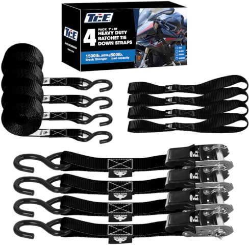 TCE Ratchet Tie Down Straps Set with Coated S Hook 680KG Break Strength | 4 Pack Black Ratchet Straps Heavy Duty with 4x Soft Loops Padded Handles, 2.5 X 38cm Tie Straps Fits for Moving Appliances